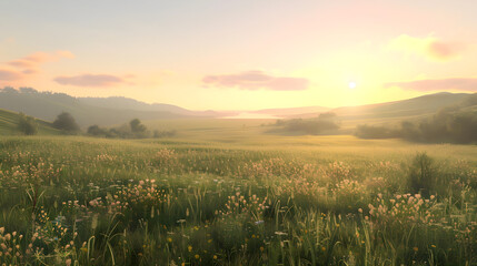 Golden Morning: Tranquil Meadow Bathed in Sunrise Light Against a Backdrop of Rolling Hills and Clear Skies