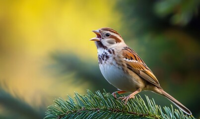 Fototapeta premium Singing bird perched on evergreen branch, vibrant background, detailed plumage, natural habitat