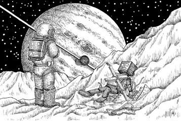 モノクロームイラスト・手描き・ペン画 - 宇宙・宇宙飛行士・ロボット・岩場・追悼