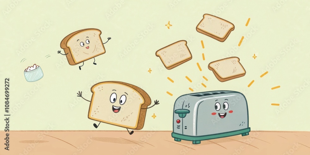 Poster animated breakfast a simple light yellow backdrop punctuated by animated toasters gliding across the