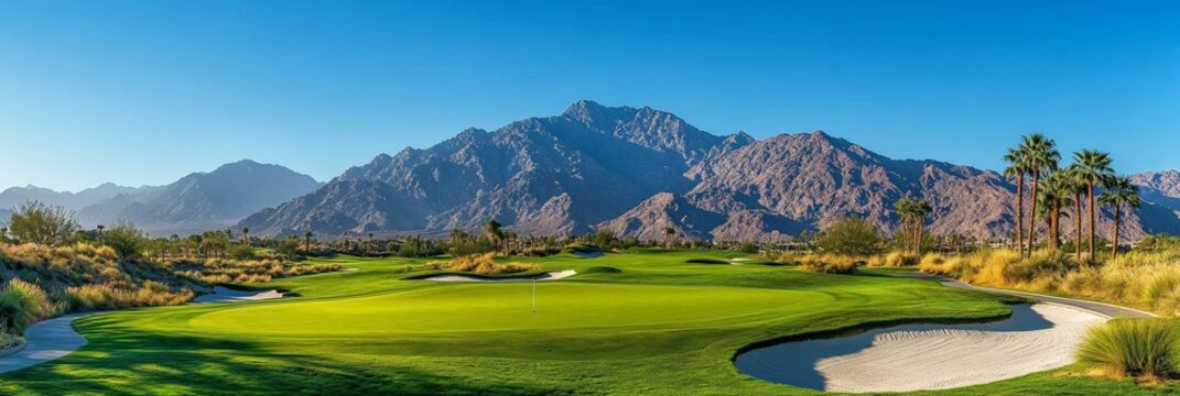 Panoramic Desert Golf Course in Palm Springs with Mountain View and Palm Trees