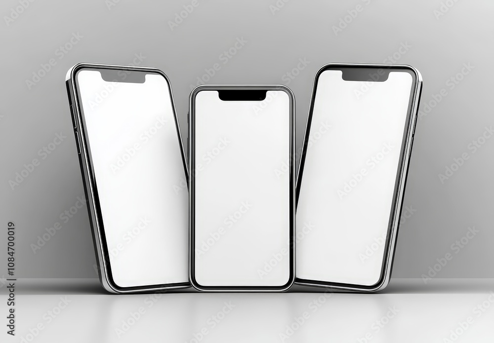 Poster realistic 3d rendering of silver smartphones with front screen mockup minimalist design