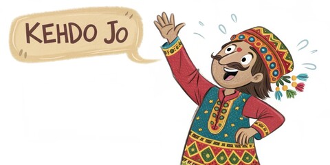 Cartoon illustration of a friendly indian man wearing traditional sindhi clothes, waving with one hand and speaking the words kehdo jo in a speech bubble
