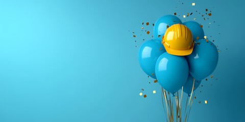 Helium Blue Balloons with Yellow Safety Helmet on Gradient Background for Construction Celebration