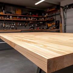 Obraz premium Close-Up of Wooden Workbench Surface in a Modern Workshop with Tools and Organizers in the Background, Ideal for DIY Projects and Creative Endeavors