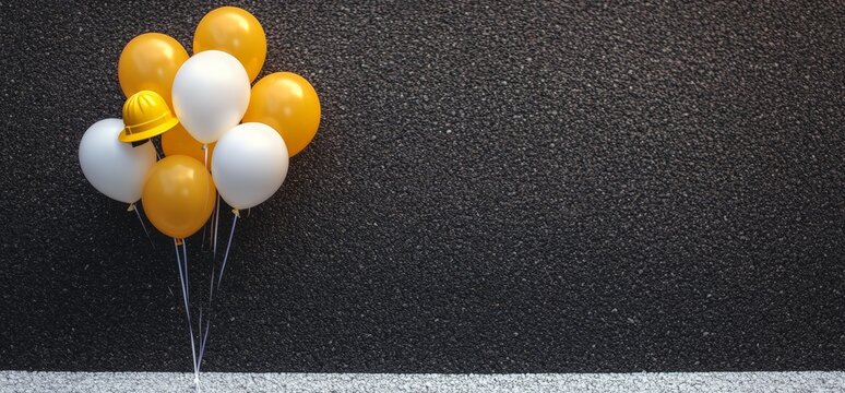 Yellow and White Balloons with Hard Hat on Asphalt Road Background for Construction Celebration or Project Announcement