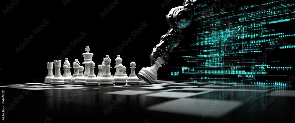 Poster ai robot chess player advanced technology in strategic game with robotic arm and digital interface