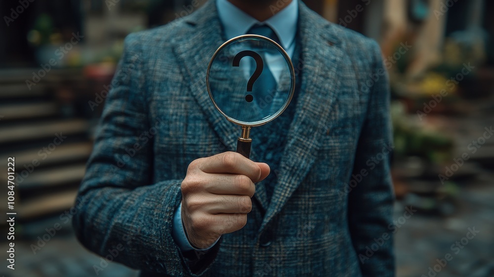 Poster question mark problem solving and analysis concept businessman holds magnifying glass focused on que