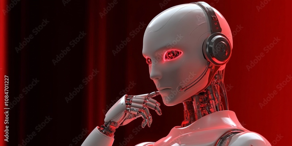 Aufkleber futuristic android with red eyes contemplating ai risks in dark gradient setting 3d rendered