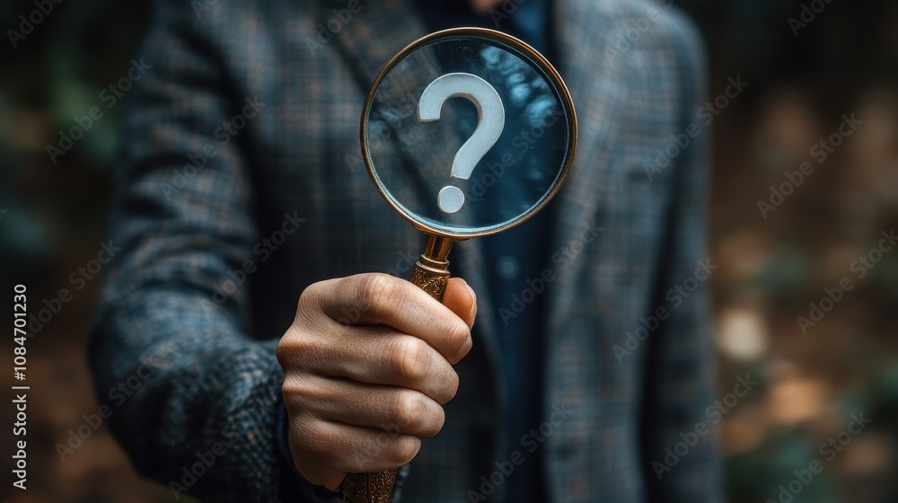 Poster question mark problem solving and analysis concept businessman holds magnifying glass focused on que