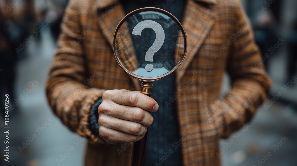 Poster question mark problem solving and analysis concept businessman holds magnifying glass focused on que