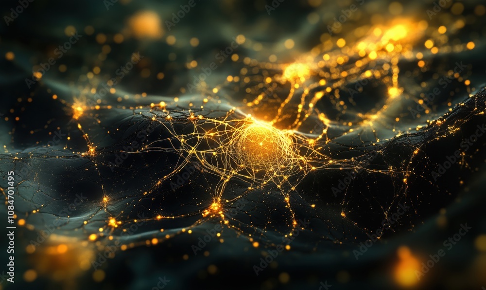 Poster abstract neural network visualization with glowing connections and nodes, intricate patterns, dark b