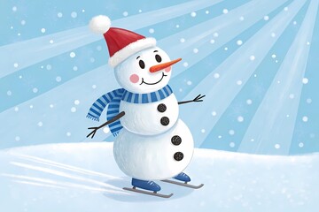 Fototapeta premium Cheerful Cartoon Snowman in a Red Hat and Scarf, Gliding on Ice Skates Amidst Falling Snow and Twinkling Lights