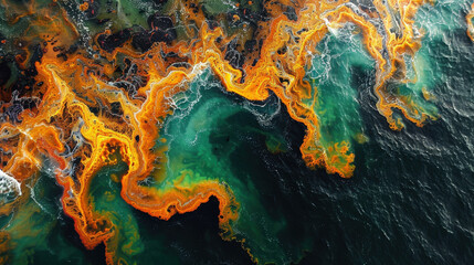 Fototapeta premium Aerial view oil spill in ocean, highlighting spread of oil impact on coastline. Industrial waste