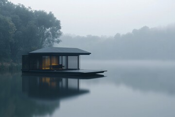 Serene Lakeside Retreat: A Modern Cabin in Misty Surroundings