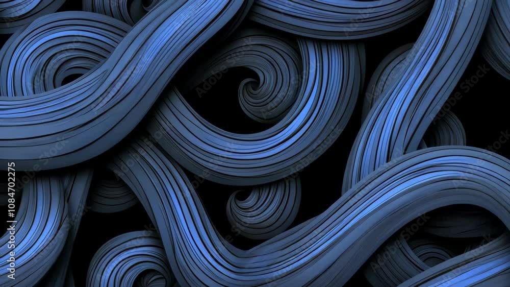 Poster a close-up view of a digital rendering of deeply saturated blue, flowing, spiraling lines