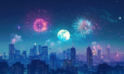 Fototapeta premium Fireworks display over city skyline, vibrant colors, night sky, full moon, urban landscape, celebration atmosphere
