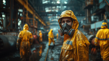 Worker uniform industrial factory, makes survey, checking equipment against background