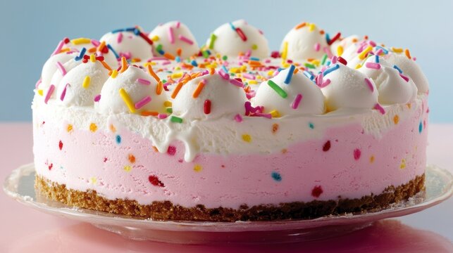 Vibrant funfetti ice cream cake, topped with colorful sprinkles and whipped cream