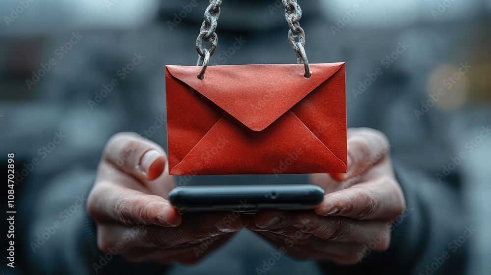 Poster smishing attack sms spam phishing from scammer concept red envelope with hook icon in criminal hacke