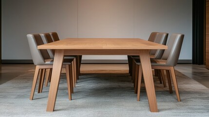 A modern wooden dining table with stylish chairs arranged around it, set in a minimalist interior space with a neutral-toned floor.