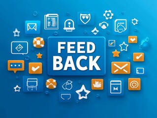 Fototapeta premium Colorful 3D Feedback Icons on Blue Background Modern Business Concept Illustration