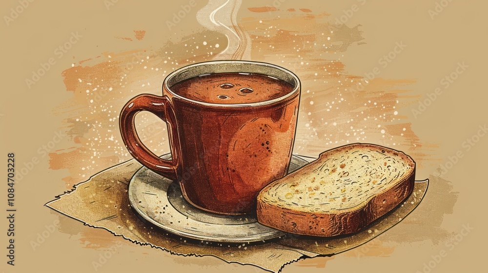 Poster a steaming cup of coffee with a slice of toast on a brown background with a rustic parchment paper u