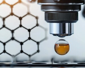 A microscope's lens focuses on a droplet above a hexagonal structure, showcasing intricate details of microscopy and material science.