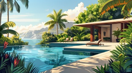 A modern tropical villa with a swimming pool overlooking the ocean.
