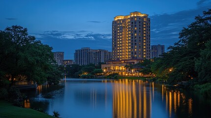 Fototapeta premium A serene evening view of a lakeside cityscape illuminated by lights.