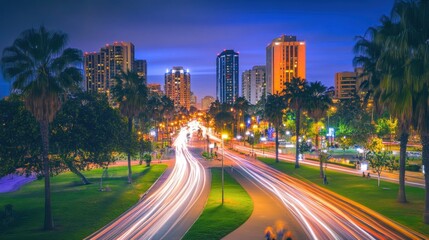 Obraz premium Cityscape at Dusk with Palm Trees and Traffic Lights