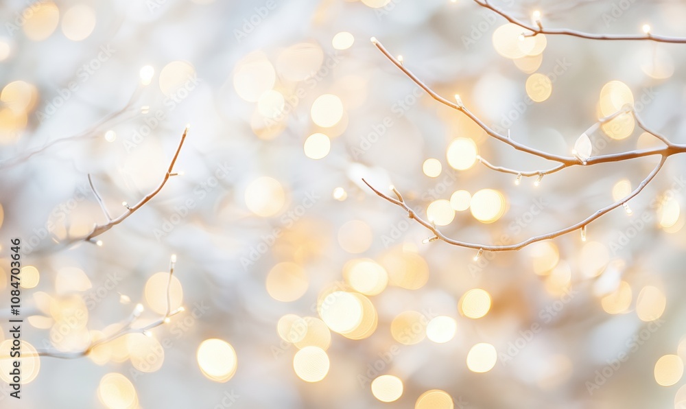 Poster glowing branches with snow and bokeh lights, delicate twigs adorned with soft white snow, warm golde
