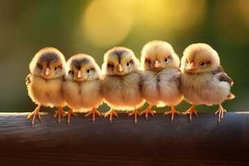 Naklejka premium Little chick birds perched on a flat horizontal branch.