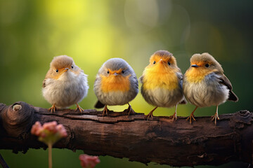 Naklejka premium Little chick birds perched on a flat horizontal branch.