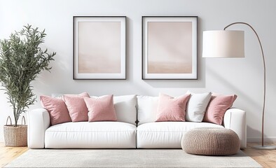 Minimalist Living Room with White Sofa and Pastel Pillows, Modern Interior Design with Wooden Floor and Cozy Atmosphere