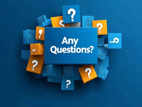 Digital Design of Inquiry and Curiosity with Colorful Squares and Question Marks on Dark Blue Background