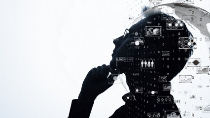 Conceptual art of a thinking individual surrounded by global data streams, highlighting connectivity and artificial intelligence themes