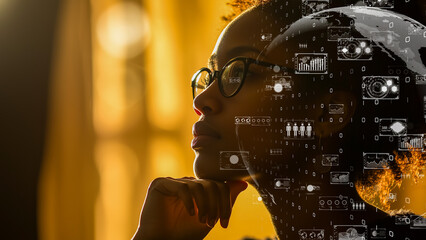 Conceptual art of a thinking individual surrounded by global data streams, highlighting connectivity and artificial intelligence themes