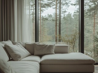 Contemporary Living Room with Panoramic Forest View