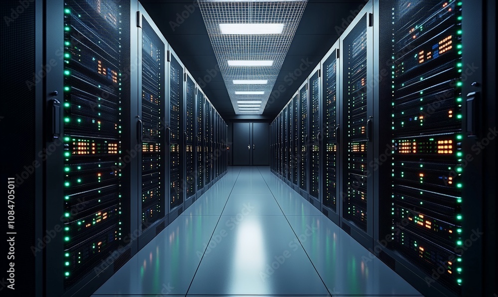 Poster dark futuristic server room with led lights and data storage racks