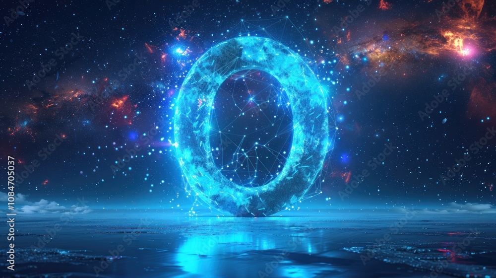 Poster a glowing blue digital zero with connected lines of code floats above a reflective surface against a