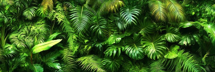 lush tropical jungle foliage with palm leaves and exotic green plants in dense forest for panoramic nature wallpaper