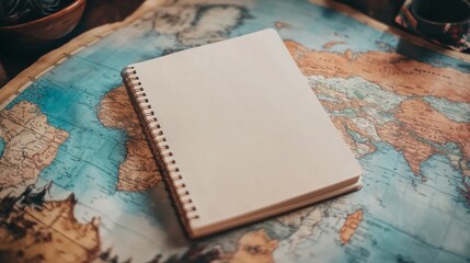 Blank notebook on top of a world map.