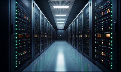 Fototapeta premium Dark Futuristic Server Room with LED Lights and Data Storage Racks