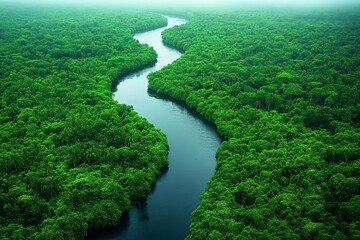Obraz premium Aerial View of Serene Jungle with Reflective River Curve in Lush Green Foliage