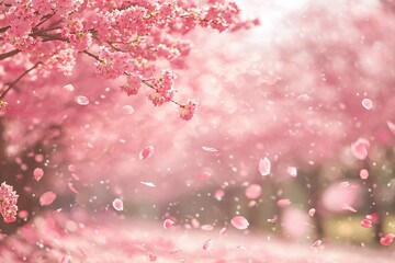 Fototapeta premium Blossoming Cherry Trees: A Serene Scene of Pink Petals in Gentle Breeze
