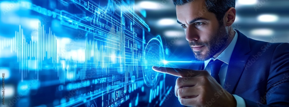 Poster professional businessman analyzing financial data with growing graph in high-tech corporate setting
