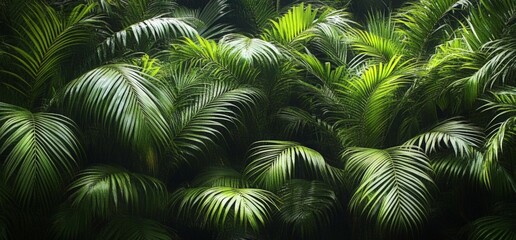 Fototapeta premium lush tropical rainforest dense palm leaves greenery serene forest texture