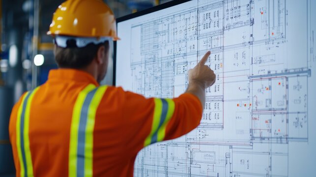 A construction worker in an orange safety shirt and helmet is reviewing blueprints on a digital screen, pointing at specific details.