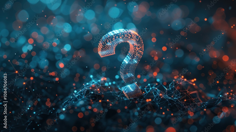 Poster glowing question mark on abstract network.